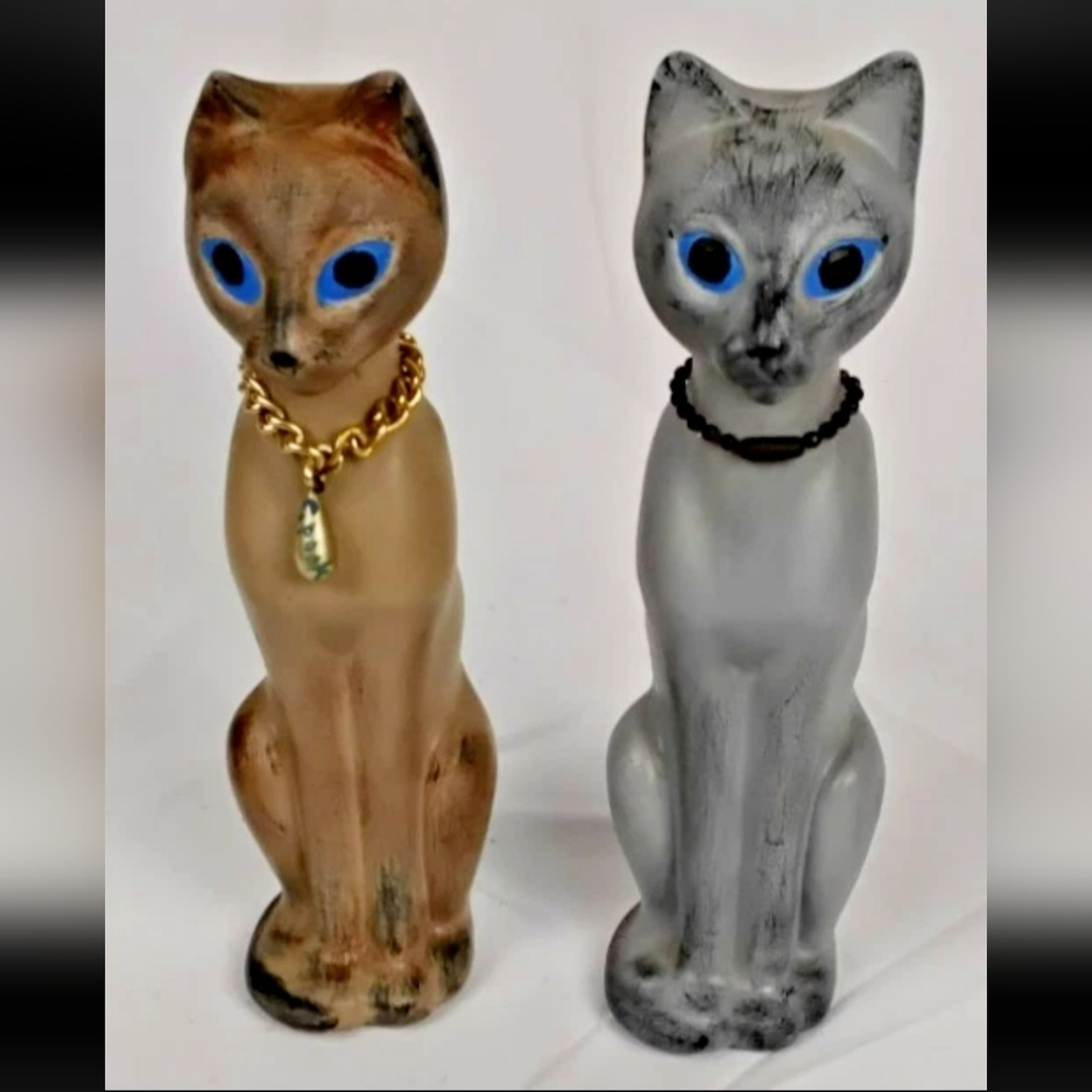 Vintage Ceramic Cat Figurines Pair Blue Eyes Hand Painted Kitsch Decor